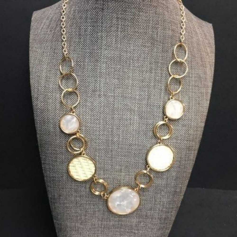 Circle Chain Necklace White Gold Woven Textured Marbled MOP Retro BoHo